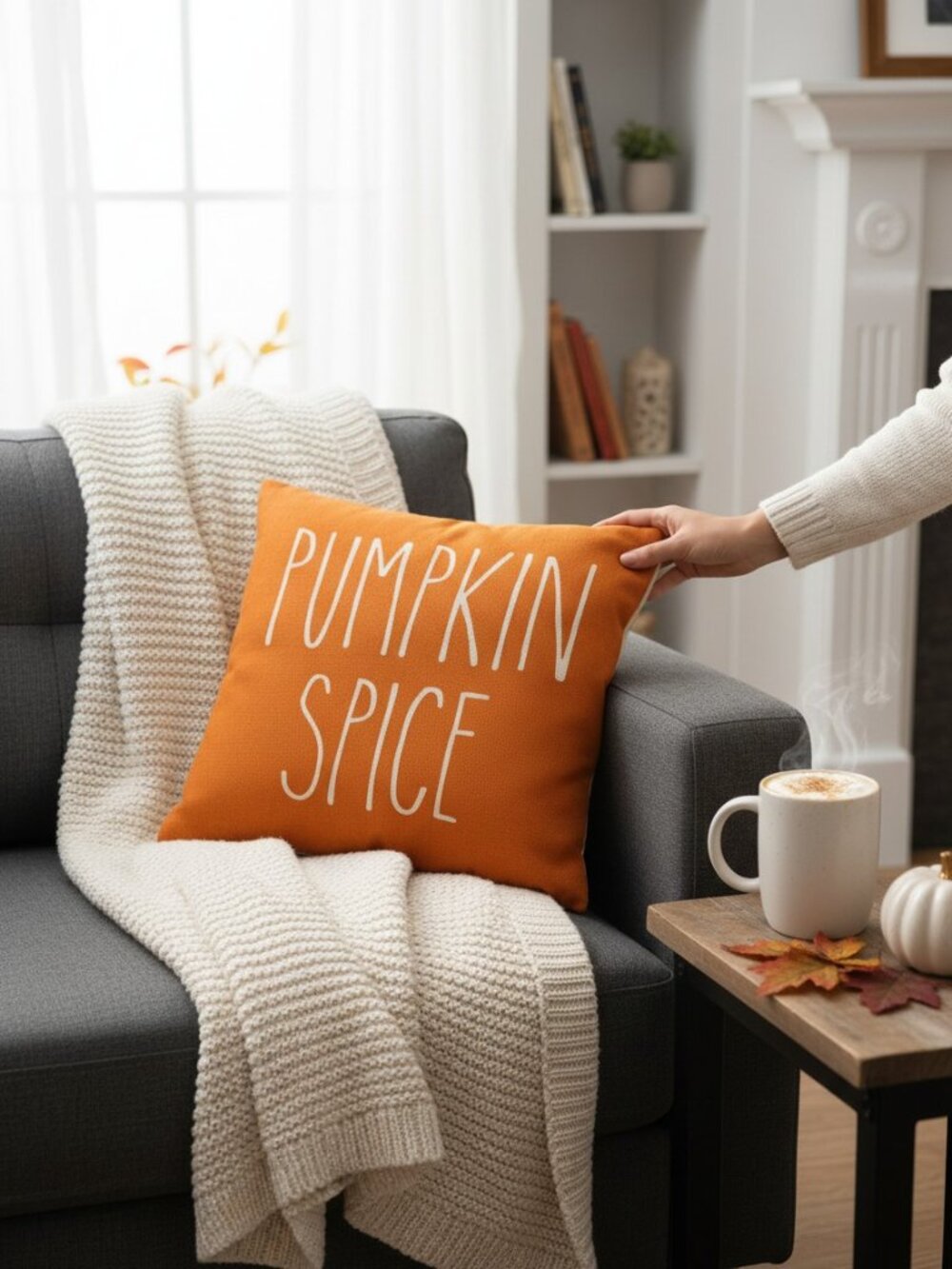 Pumpkin Spice Orange Fall Decorative Farmhouse Pillow Cover -- 18" Square